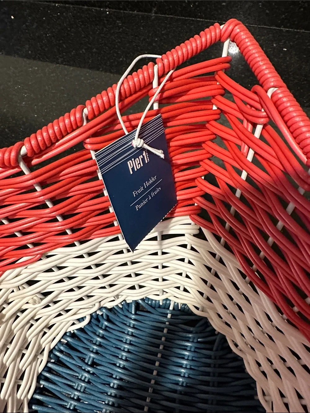 Pier 1 Red, White & Blue Woven Fruit Basket and   Stemless Wine Glasses.